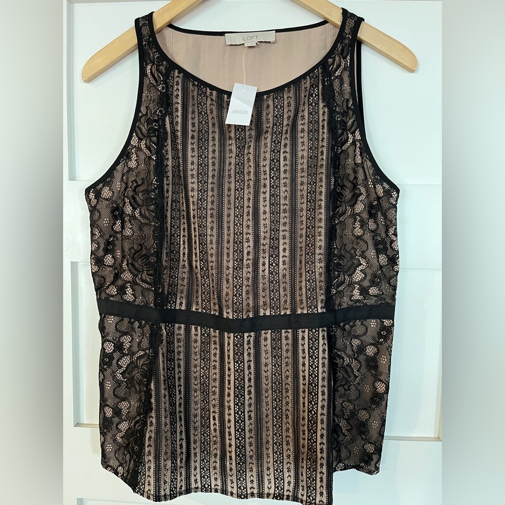 NWT LOFT Size 10 Black Floral Lace Overlay Sleeveless Tank Blouse Top